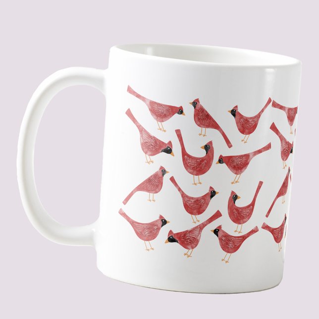 Caneca De Café Pássaro Cardinho Festivo Aquarela (Festive Cardinal bird red and white watercolor art coffee mug for Christmas and the winter Holidays)