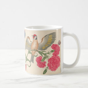 Caneca De Café Pássaro com cabeça vermelha, cravos e borboletas