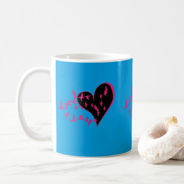 Caneca De Café Pássaro e coração do amor (Com Donut)