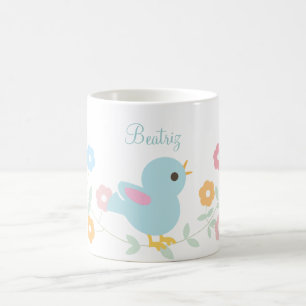 Caneca De Café Pássaro e flores personalizados de Kawaii