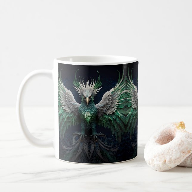 Caneca De Café Pássaro Majestoso Verde e Branco da Phoenix (Com Donut)
