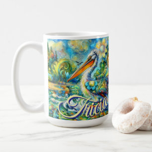 Caneca De Café Pássaro Pelicano no País das Maravilhas Personaliz