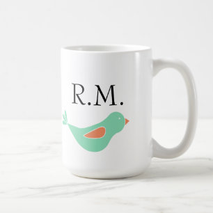 Caneca De Café Pássaro Verde Pastel Monograma