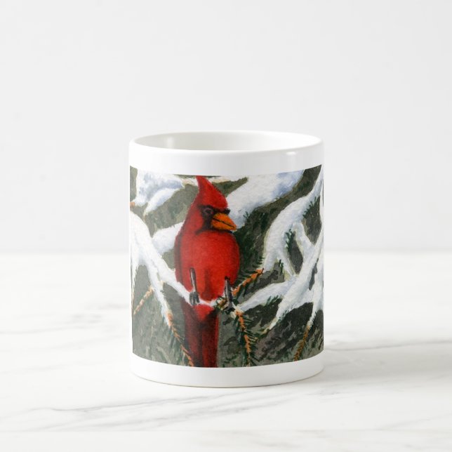 Caneca De Café Pássaro vermelho brilhante Cardinho em pinheiros d (Centro)