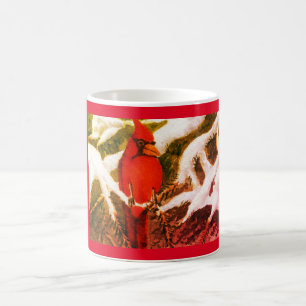 Caneca De Café Pássaro vermelho brilhante Cardinho em pinheiros d