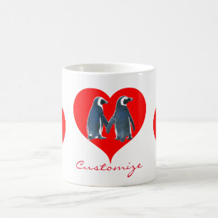 Caneca De Café Pássaros Adoram Casal Pinguim Corações Vermelho