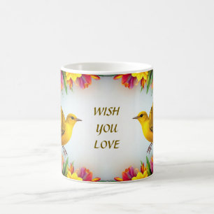 Caneca De Café Pássaros Amarelos Brilhantes em uma Moldura Floral