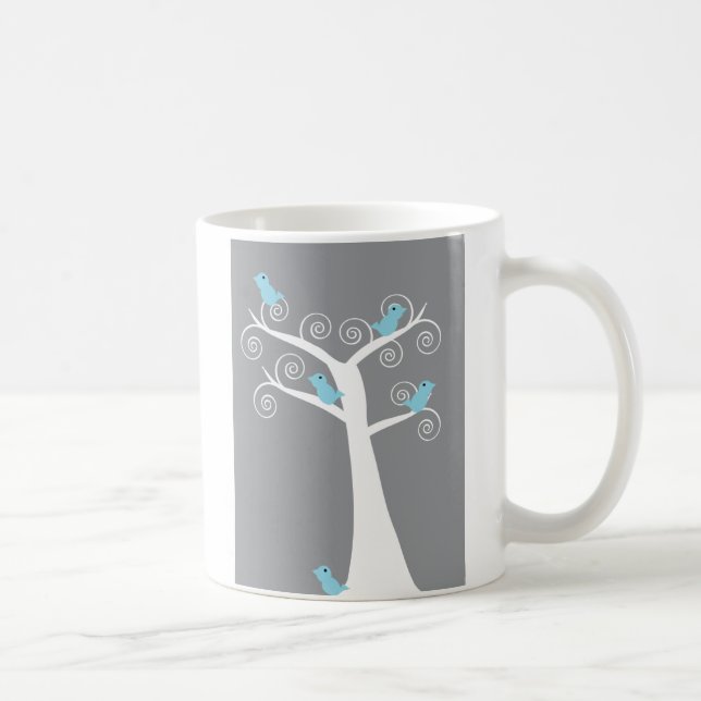 Caneca De Café Pássaros Azuis Caprichosos em Árvore Branca com Fu (Direita)