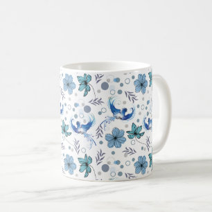 Caneca De Café Pássaros Azuis e Harmonia Floral Padrão Sem Costur