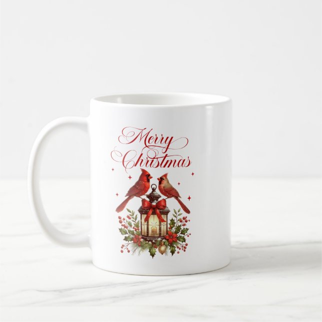 Caneca De Café Pássaros Cardinal em Lanterna de Natal em Aquarela (Esquerda)