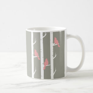 Caneca De Café Pássaros corais e árvores de vidoeiro cor-de-ros