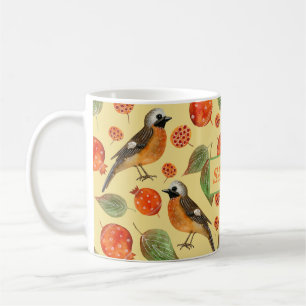 Caneca De Café Pássaros de aquarela laranja e padrão de romã