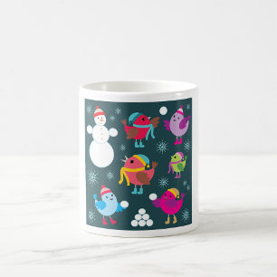 Caneca De Café Pássaros de Inverno Brincando na Neve com Boneco d
