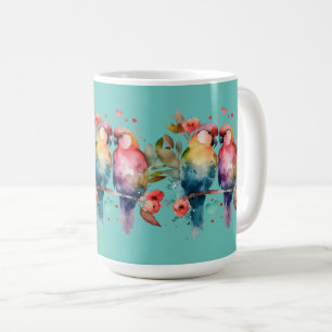 Caneca De Café Pássaros do Amor cercados por corações.