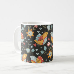 Caneca De Café Pássaros Flores Padrão de Amor Boêmia