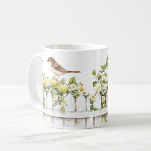 Caneca De Café Pássaros Limões Cerca Branca Floral