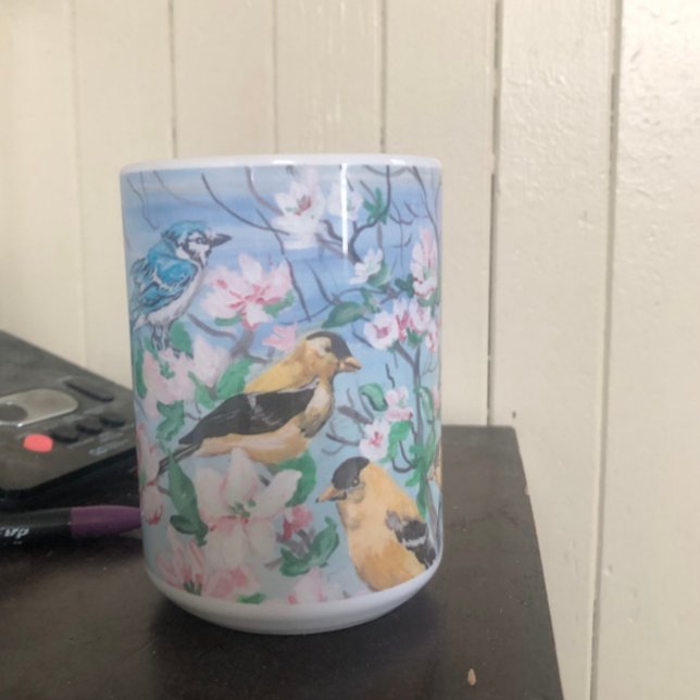 Caneca De Café Pássaros no quintal azul-jay-amarelo (Bone China Turned out wonderfully)