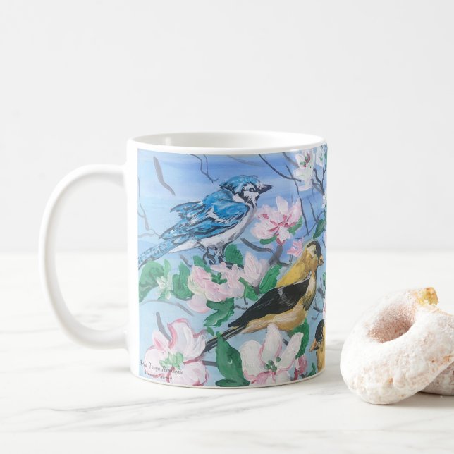 Caneca De Café Pássaros no quintal Gaio azul, pintassilgo amarelo (Com Donut)