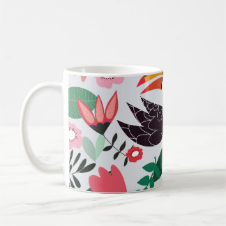 Caneca De Café Pássaros tropicais, padrão de rabiscos florais.