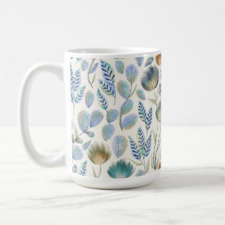 CANECA DE CAFÉ PASTEL BLUE GREEN & TAN WHIMSICAL GARDEN FLOWERS