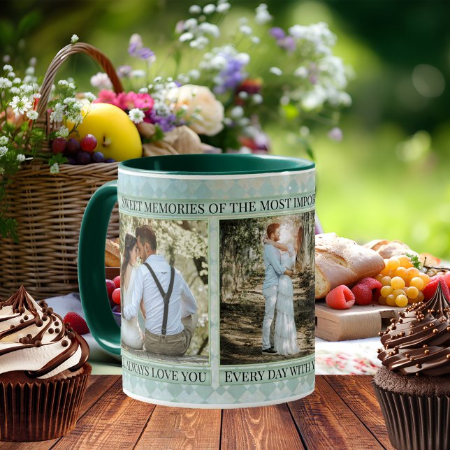 Caneca De Café Pastel Blue Green Weding Foto Keepsasaame Mug (Wedding photo mug featuring your own photos framed by an elegant pastel blue green patterned design)