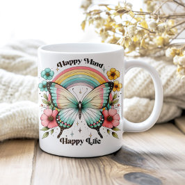 Caneca De Café Pastel Hippie "Feliz Mente Feliz Vida"