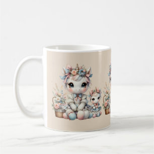 Caneca De Café Pastel Kawaii Unicórnio Duo Mãe e Filha Bege