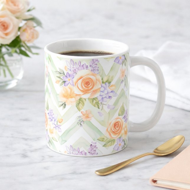 Caneca De Café Pastel Peach Lavender Floral Sage Chevron Birthday (Criador carregado)