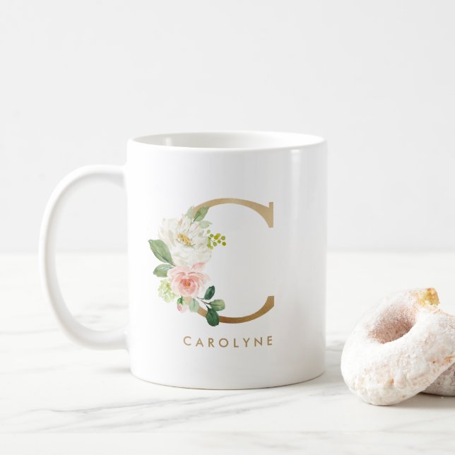 Caneca De Café Pastel Peony Floral - Letra C Dourada Monograma (Com Donut)