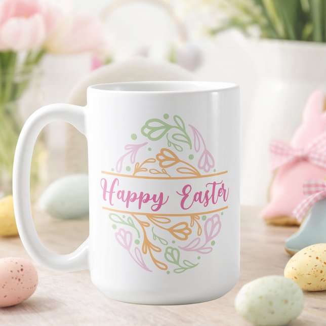 Caneca De Café Pastel Pink Floral Easter Egg Happy Easter 15oz (Criador carregado)