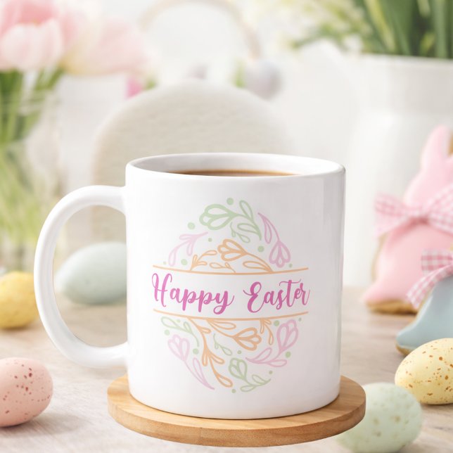 Caneca De Café Pastel Pink Green Floral Easter Egg Happy Easter (Criador carregado)