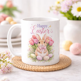 Caneca De Café Pastel Pink Tulips Easter Bunny Happy Easter