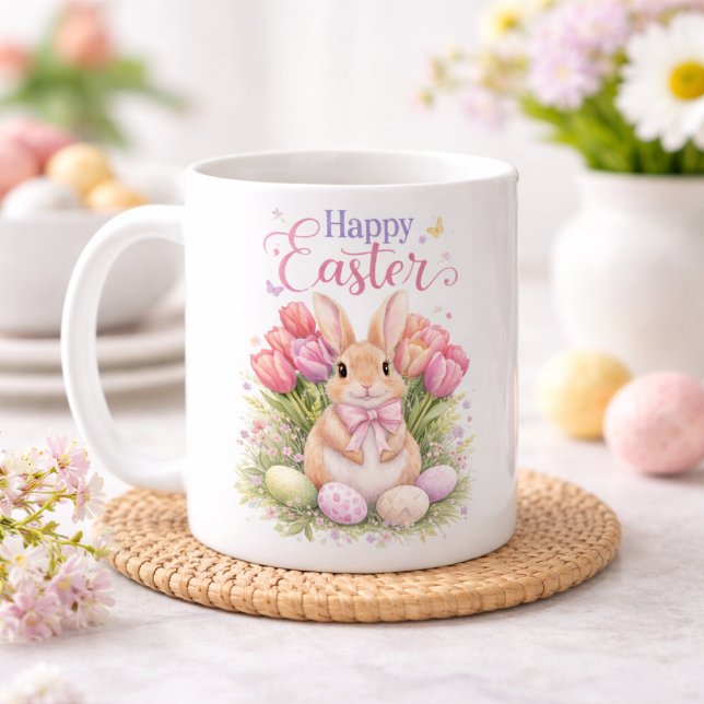 Caneca De Café Pastel Pink Tulips Easter Bunny Happy Easter (Criador carregado)