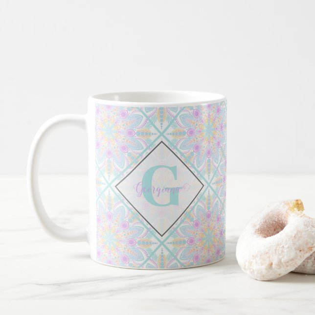Caneca De Café Pastel Rainbow Floral Mandala Personalizado (Com Donut)