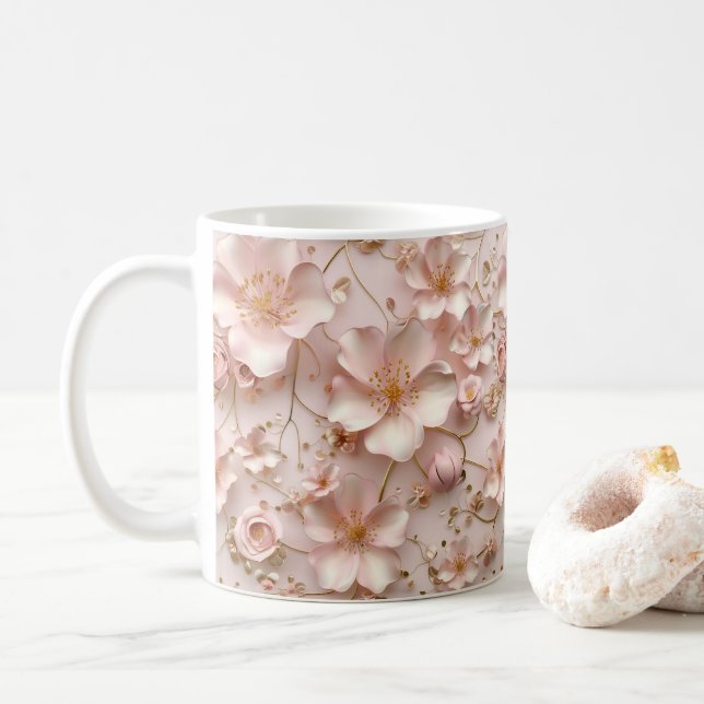 Caneca De Café Pastel Rosa Bonito Floral (Com Donut)