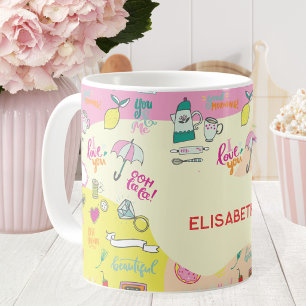 Caneca De Café Pastel Rosa Kawaii Doodle Feminino