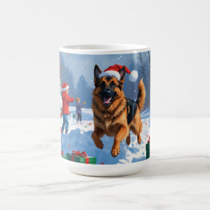 Caneca De Café Pastor Alemão Correndo na Neve com Chapéu de Natal
