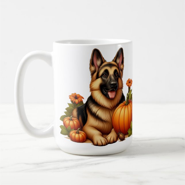 Caneca De Café Pastor Alemão Descansando Com Abóboras e Flores (Esquerda)