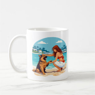 Caneca De Café Pastor Alemão Feliz E Mulher Se Conectando Na Prai