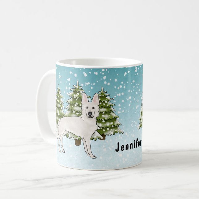 Caneca De Café Pastor Suíço Branco no Bosque de Inverno (Frente Esquerda)