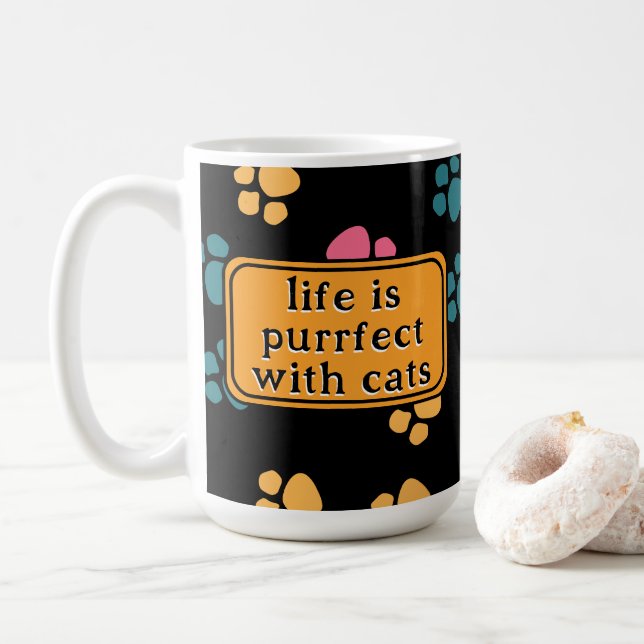 Caneca De Café Pata engraçada de gato preto (Com Donut)