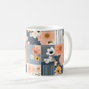 Caneca De Café Patchwork Floral Retro em Rosa e Azul