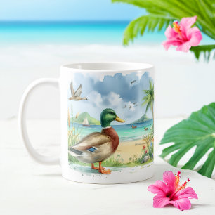 Caneca De Café Pato de Aquarela de Verão na praia