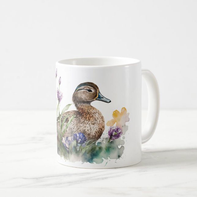 Caneca De Café Pato De Aquarela Em Flores (Frente Esquerda)