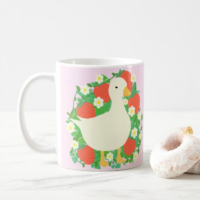 Caneca De Café Pato de Ganso de Morango Floral (Com Donut)