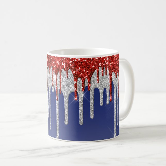 Caneca De Café Patriotic Red White Glitter Drip Blue (Frente Esquerda)