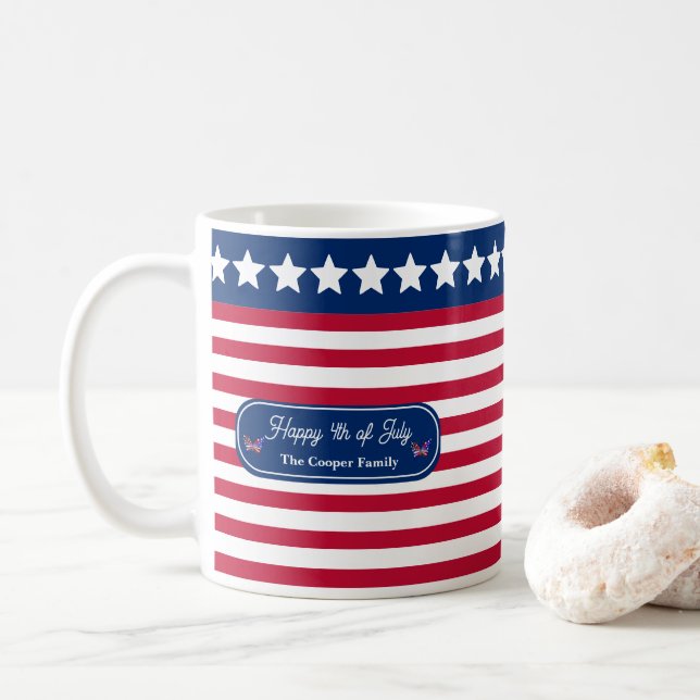 Caneca De Café Patriótica Bandeira dos EUA Feliz 4 de julho Nome  (Com Donut)