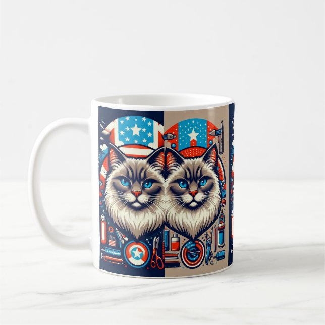 Caneca De Café Patriótico Cat US Flag Mug - Cute Feline American (Esquerda)