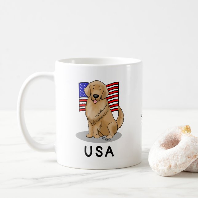 Caneca De Café Patriótico do Cão Ouro de Bandeira Americano (Com Donut)