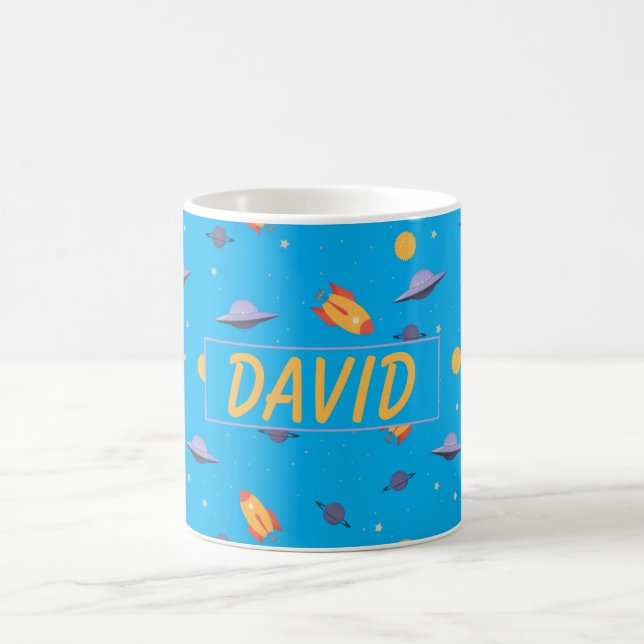Caneca De Café Pattern space  orange turquoise name (Centro)